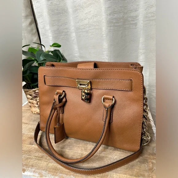 Authentic Michael Kors Hamilton Saffiano Tan Leather Sachel with lock and key